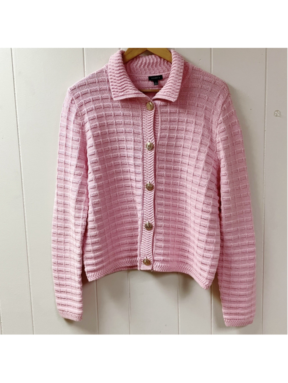 Talbots Pink Textured Polo Cardigan LARGE Basketweave Knit Autumn Old Money NEW